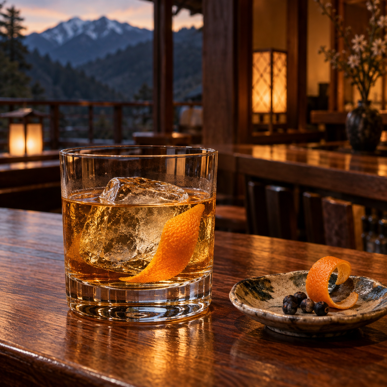 Barrel-Aged Gin Small Batch Release 003 served, garnished with Orange peel