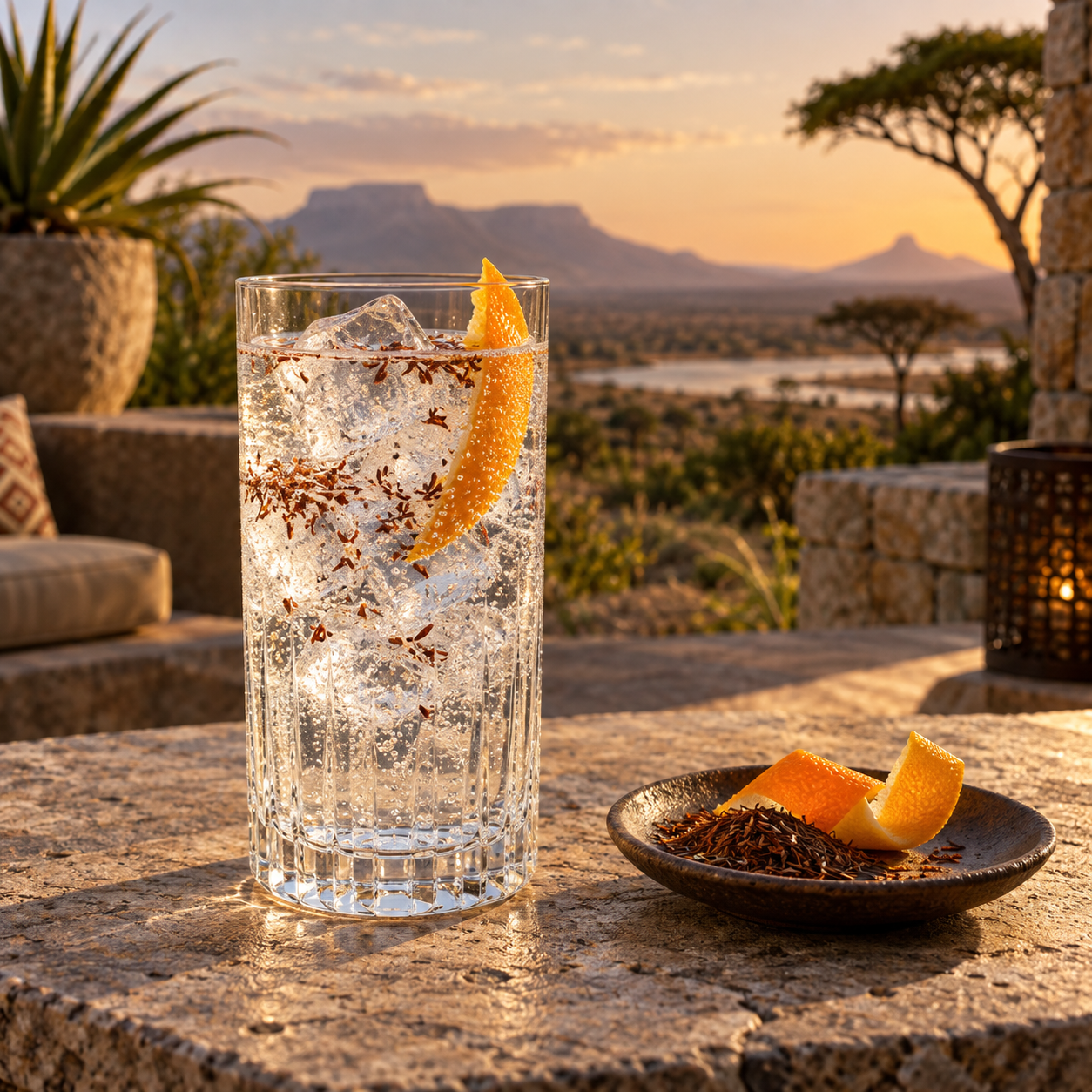 Matopos Original London Dry Gin served with Fever-Tree Indian Tonic Water, garnished with Orange peel