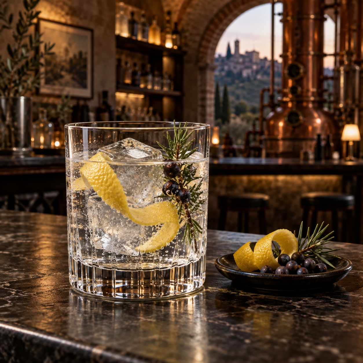 Xamorfos Premium Navy Strength Gin served with Fever-Tree Indian Tonic Water, garnished with Lemon peel