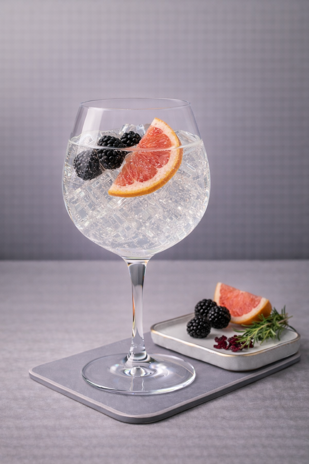 Brockmans Intensely Smooth Premium Gin servi avec Thomas Henry Tonic Water, agrémenté de Pink Grapefruit Wedge et Fresh Blackberries
