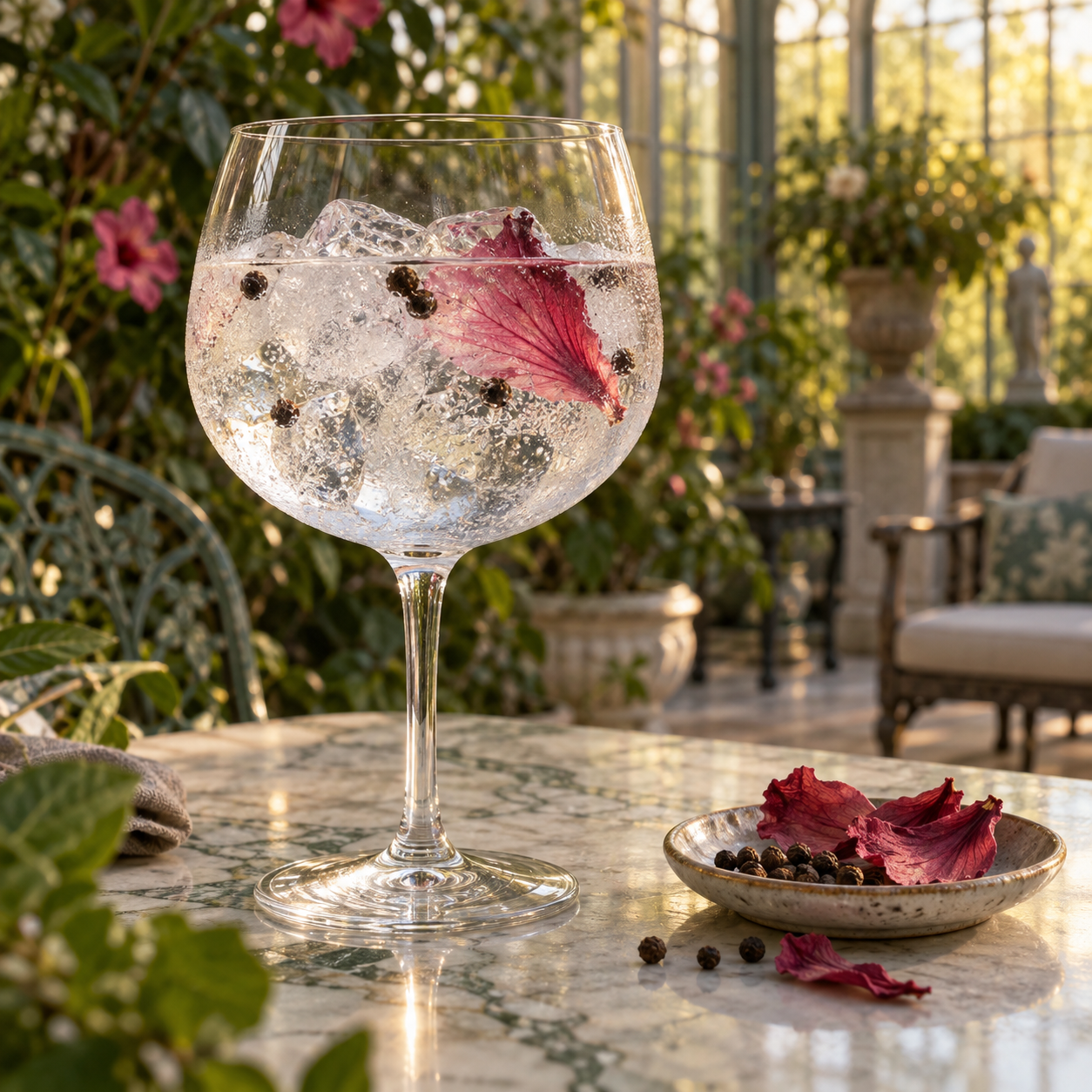 Matobo Gin served with Fever-Tree Naturally Light Tonic Water, garnished with Dried hibiscus flower