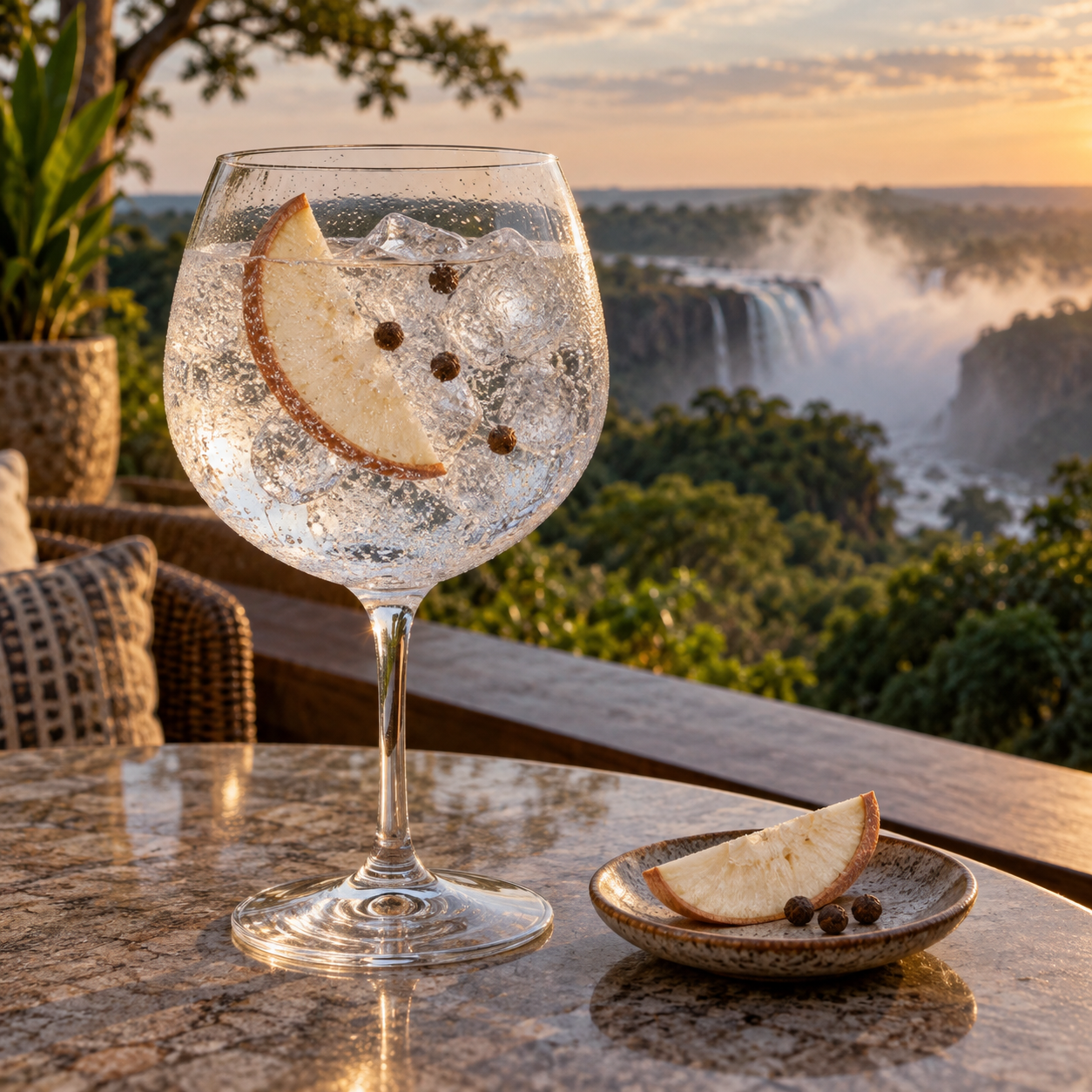 Victoria Falls Gin served with Fever-Tree Indian Tonic Water, garnished with Lemon wheel