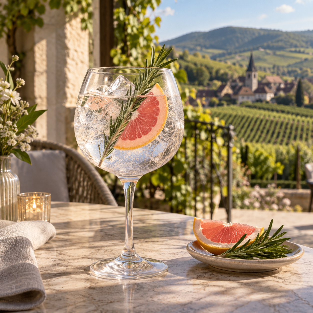 Gin Wackes servi avec Fever-Tree Naturally Light Tonic Water, agrémenté de Pink grapefruit slice et Rosemary sprig