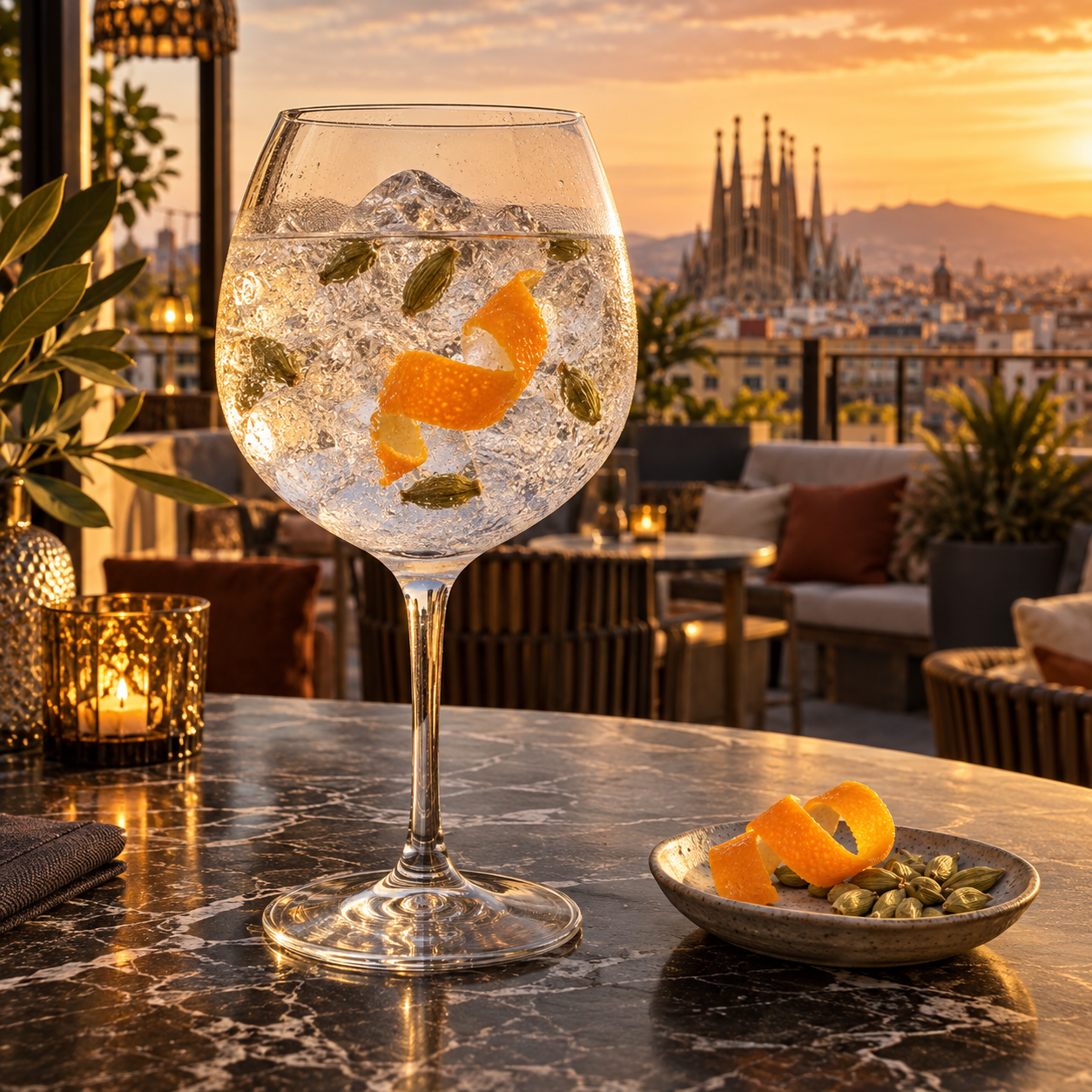 100&NOMORE Brighton served with Fever-Tree Indian Tonic Water, garnished with Orange peel and Green cardamom pods