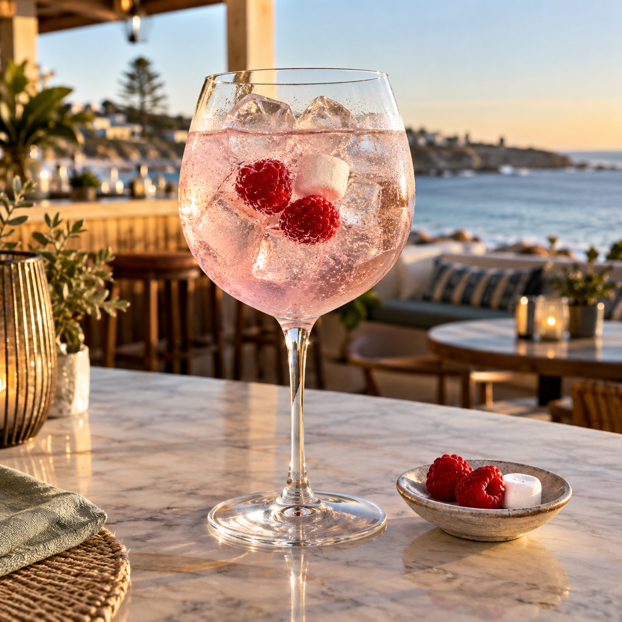 30 Knots Mellow Gin served with Fever-Tree Naturally Light Tonic Water, garnished with Fresh raspberries