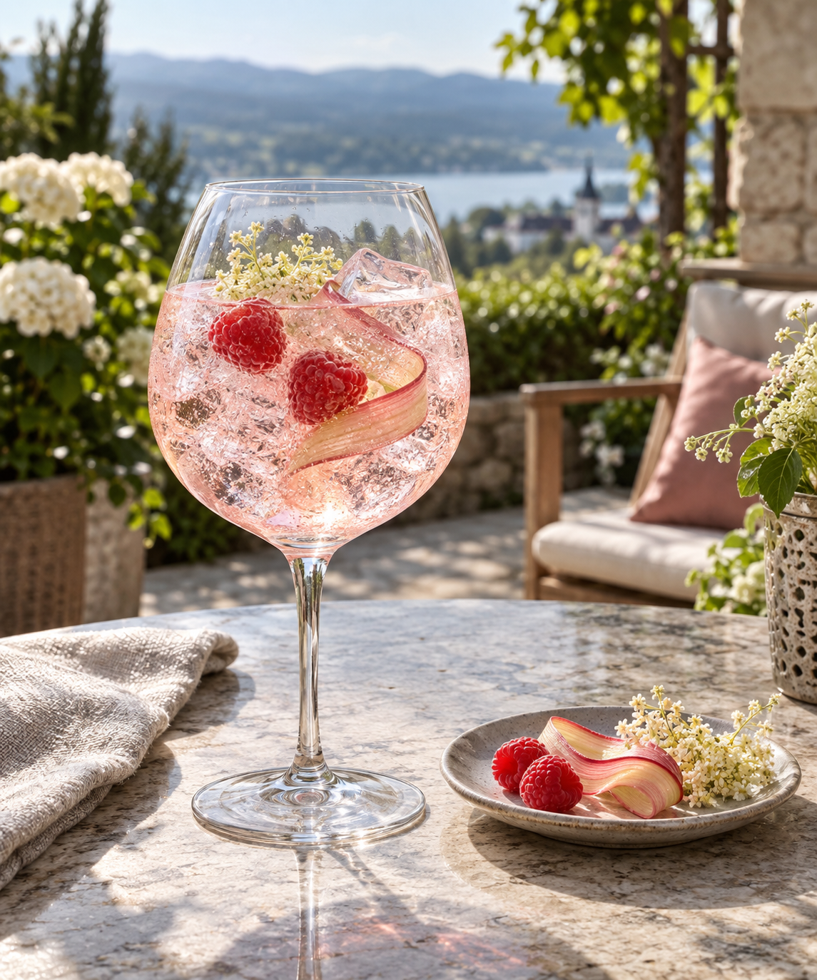 Teuchtler Sommer Gin served with Fever-Tree Naturally Light Tonic Water, garnished with Fresh raspberries and Mint sprig