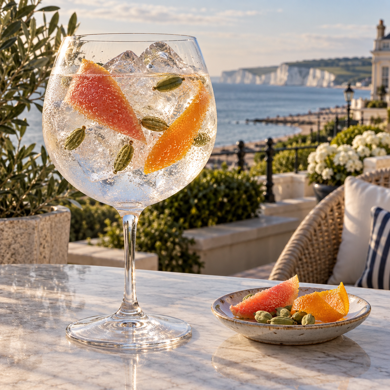 Beach Buoys Coastal Aromatic Gin served with Fever-Tree Naturally Light Tonic Water, garnished with Grapefruit peel