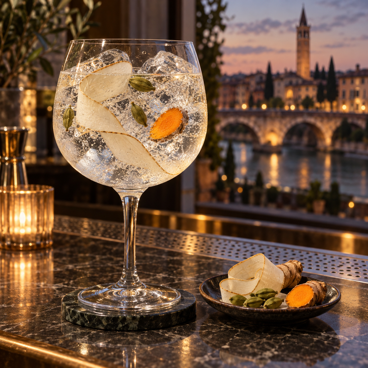 Terpeni Radici London Dry Gin served with Fever-Tree Indian Tonic Water, garnished with Rosemary sprig