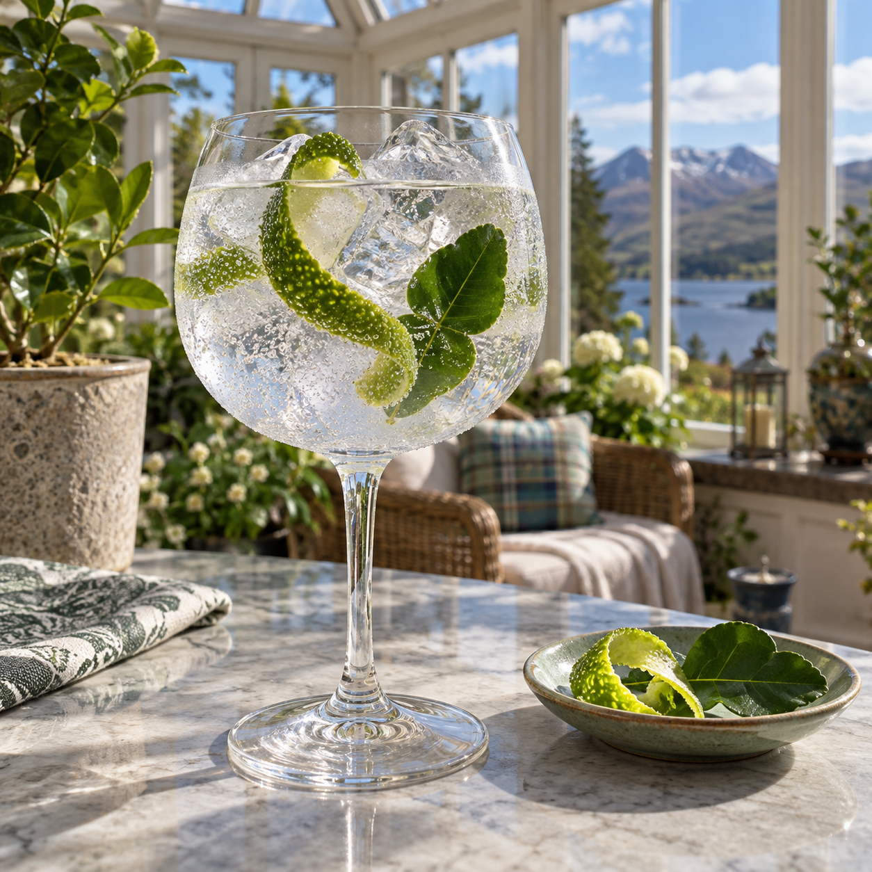 The Citrologist Makrut Lime Special Edition Gin servi avec Fever-Tree Naturally Light Tonic Water, agrémenté de Lime slice et Makrut lime leaf