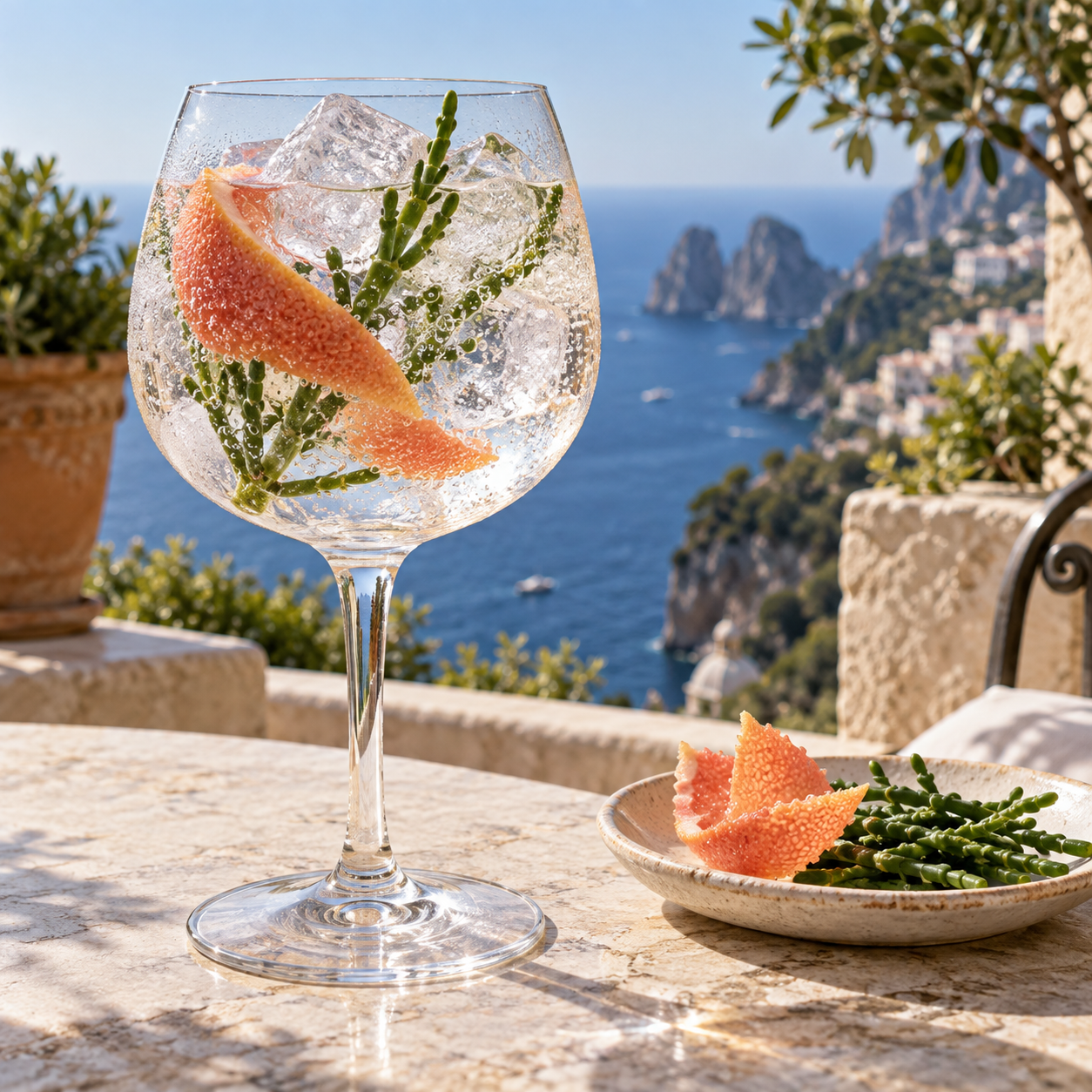 The Sea is Life Poseidon Gin served with Fever-Tree Naturally Light Tonic Water, garnished with Mandarin peel