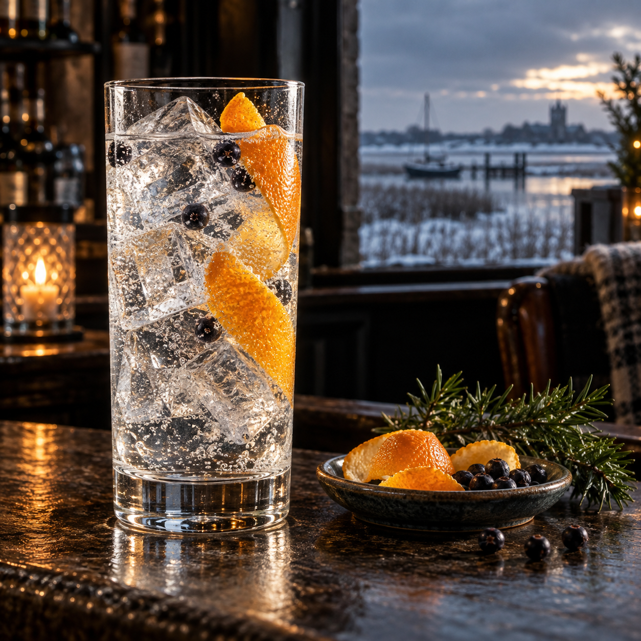 Twin Peaks Blizzard Navy Strength Gin served with Fever-Tree Indian Tonic Water, garnished with Orange slice