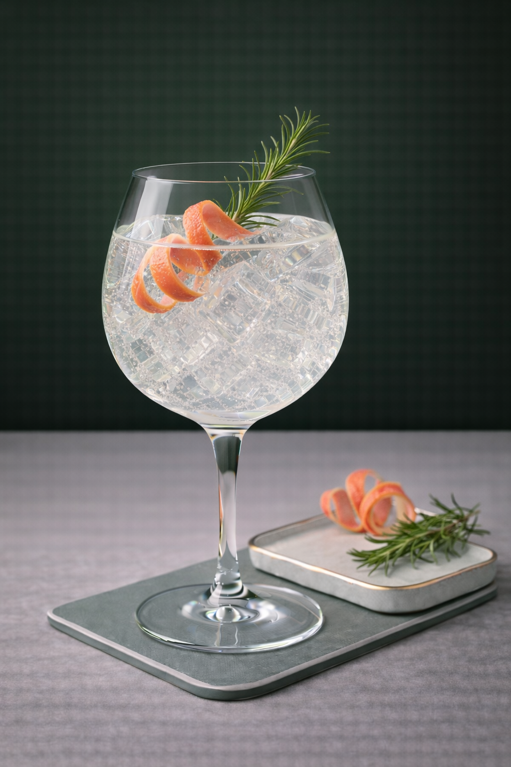 Wild Scottish Gin served with Thomas Henry Elderflower Tonic, garnished with Pink grapefruit peel and Fresh rosemary sprig