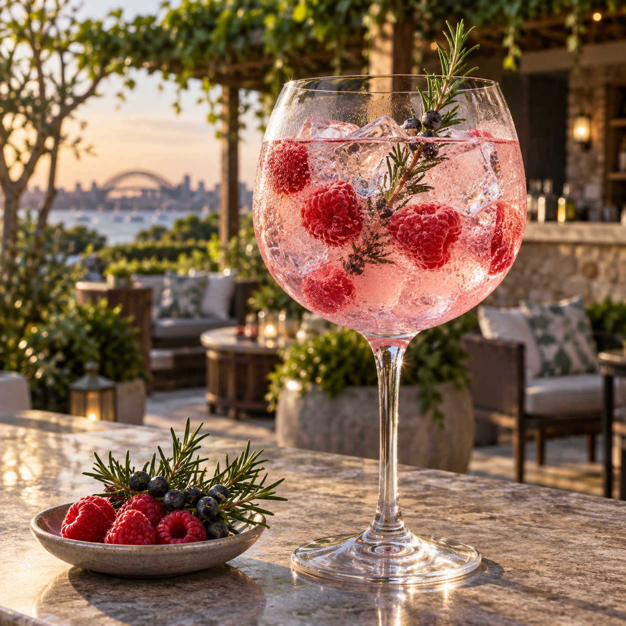 AmberChes Raspberry Gin served with Fever-Tree Naturally Light Tonic Water, garnished with Fresh raspberries