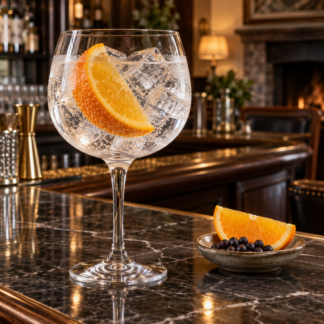 Henstone London Dry Gin served with Fever-Tree Indian Tonic Water, garnished with Orange wedge