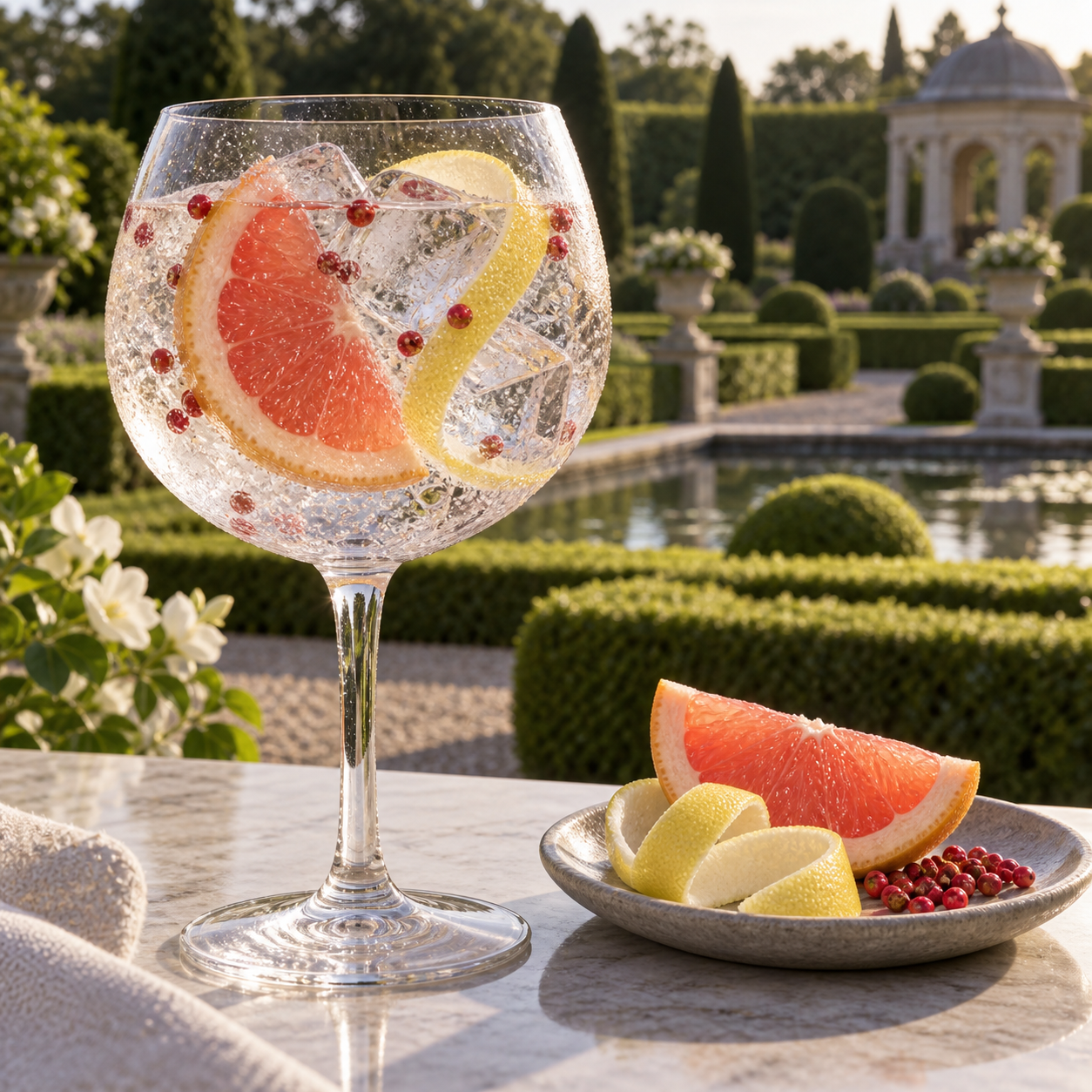 English Heritage Grapefruit & Pomelo Gin served with Fever-Tree Naturally Light Tonic Water, garnished with Grapefruit wedge and Pink peppercorns