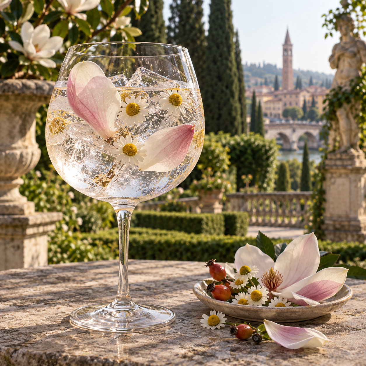 Terpeni Fiori London Dry Gin served with Fever-Tree Naturally Light Tonic Water, garnished with Lemon peel