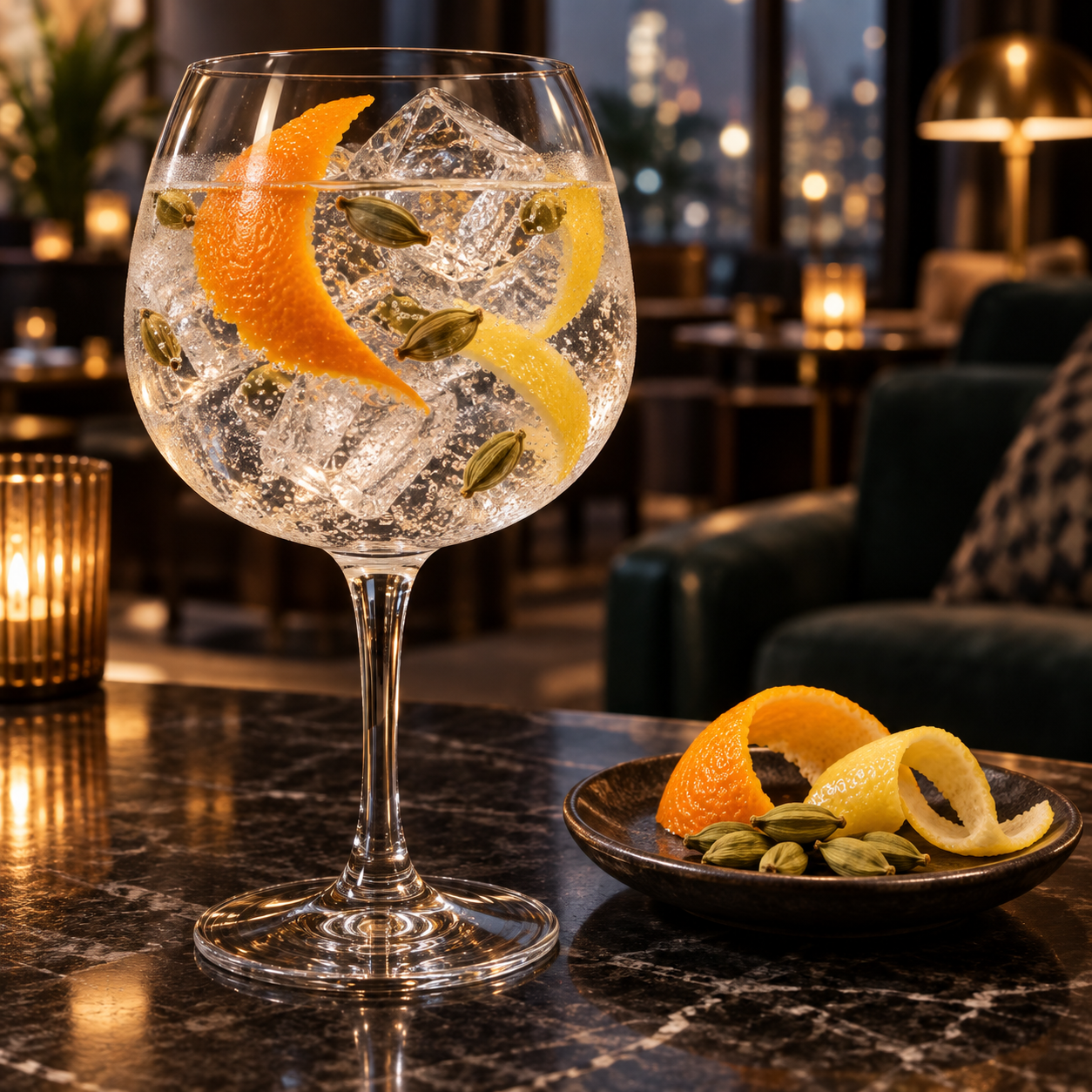 The Old G London Dry Gin served with Fever-Tree Indian Tonic Water, garnished with Orange peel