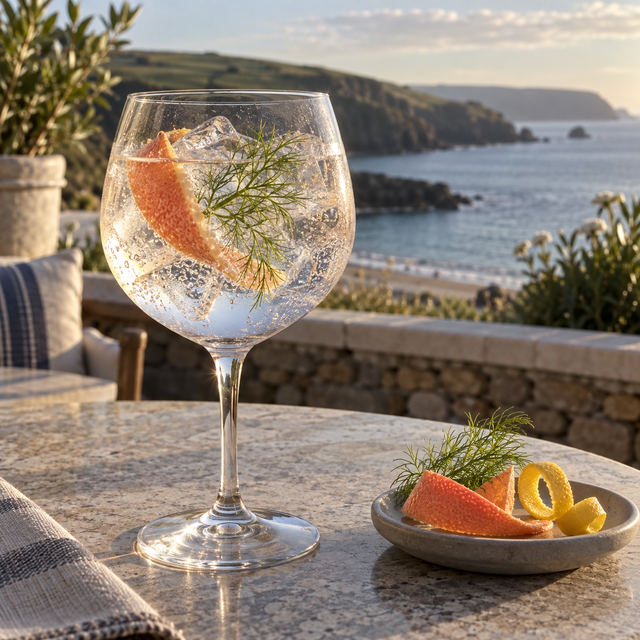 GWYR Gower London Dry Gin served with Fever-Tree Naturally Light Tonic Water, garnished with Pink grapefruit peel