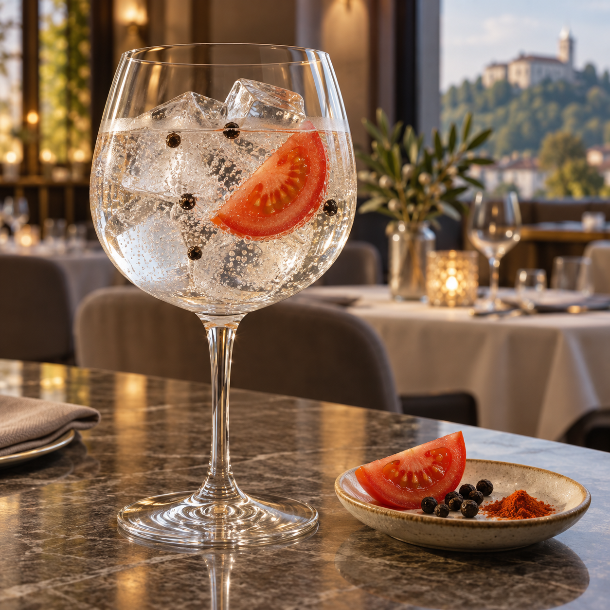 Heaven & Hell Inspired by Lust Tomato Gin served with Fever-Tree Indian Tonic Water, garnished with Cherry tomato and Black peppercorns