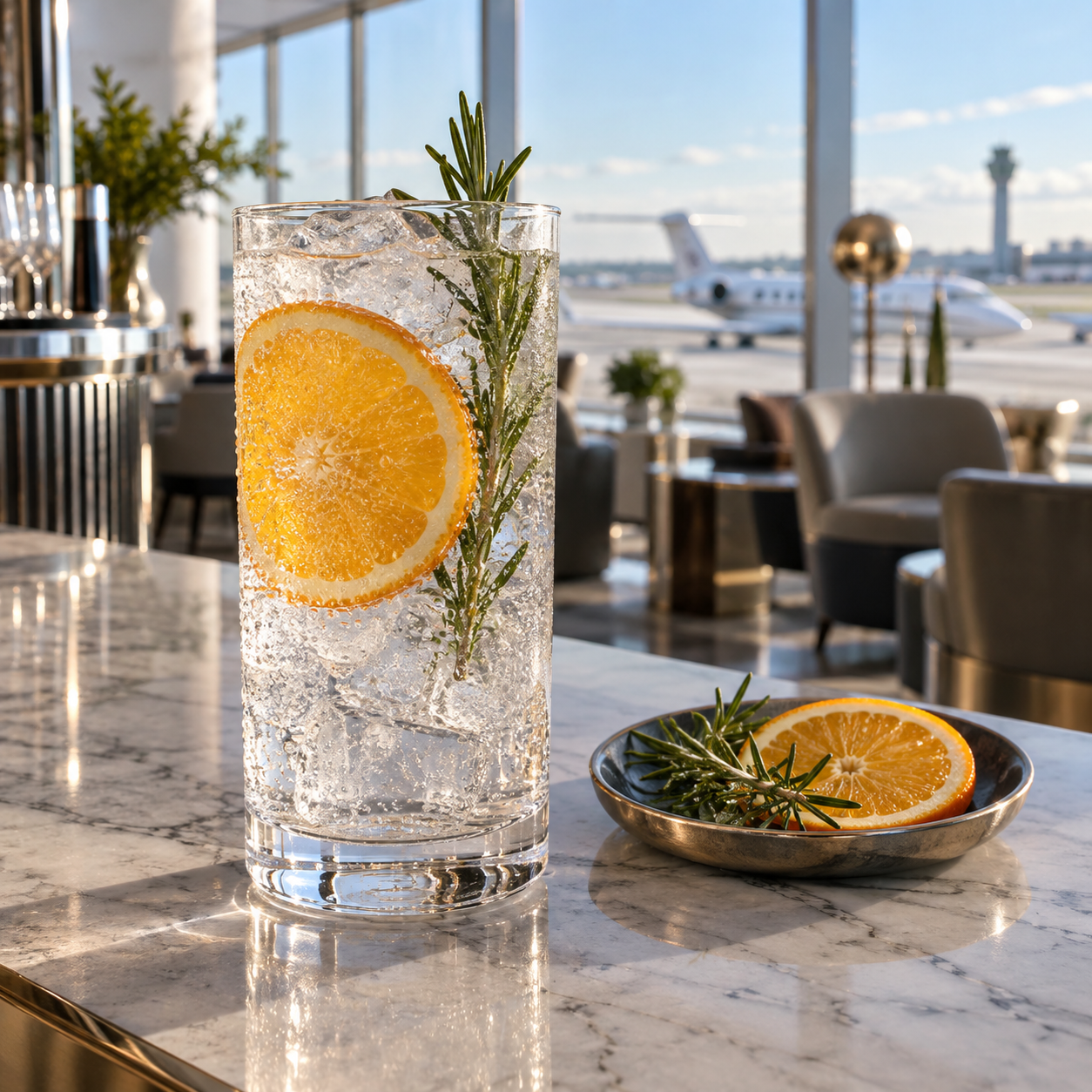 4 BARS Gin Clear Day served with Fever-Tree Mediterranean Tonic Water, garnished with Orange wheel and Rosemary sprig