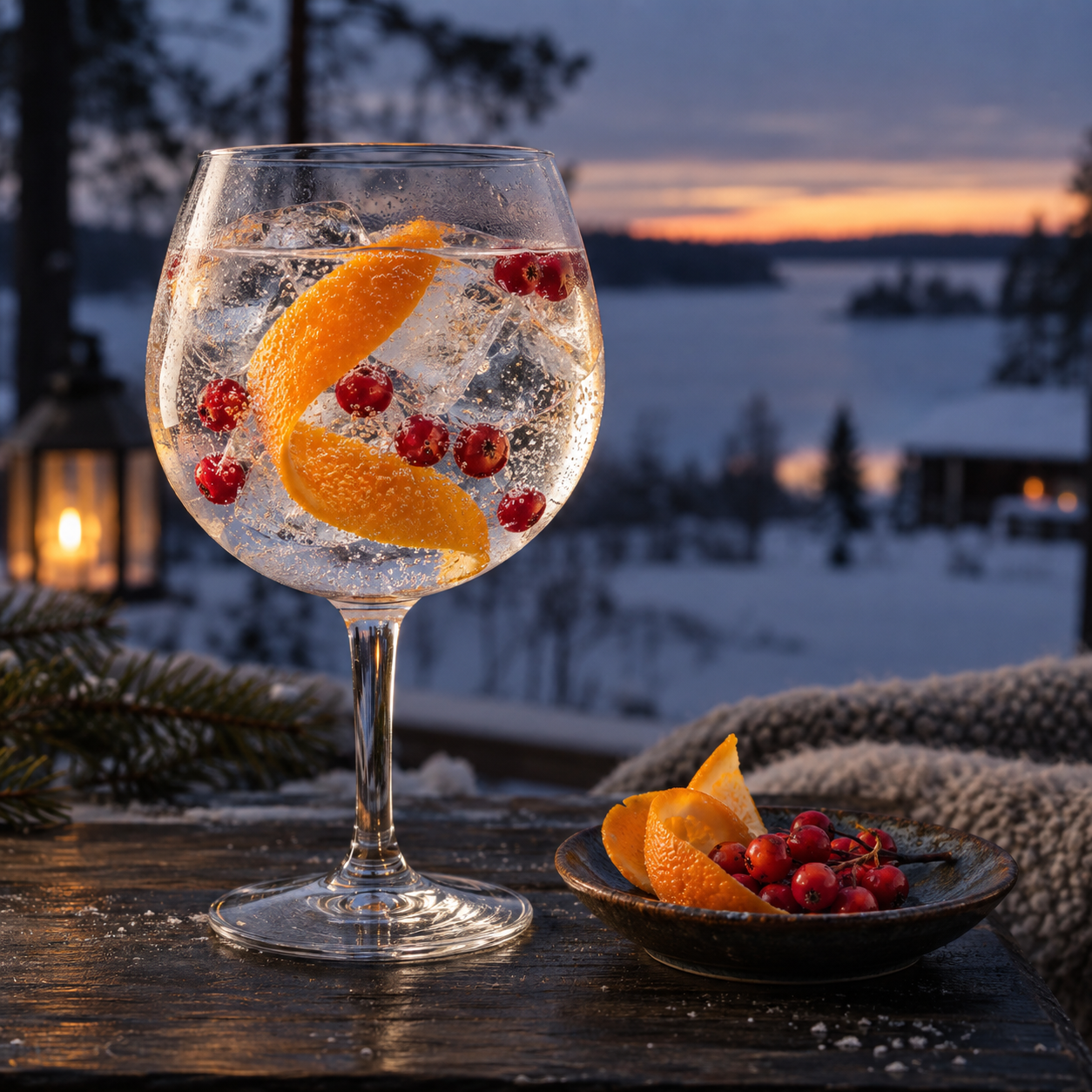 Arctic Blue Nightwish Gin served with Fever-Tree Naturally Light Tonic Water, garnished with Orange peel and Rowan berries