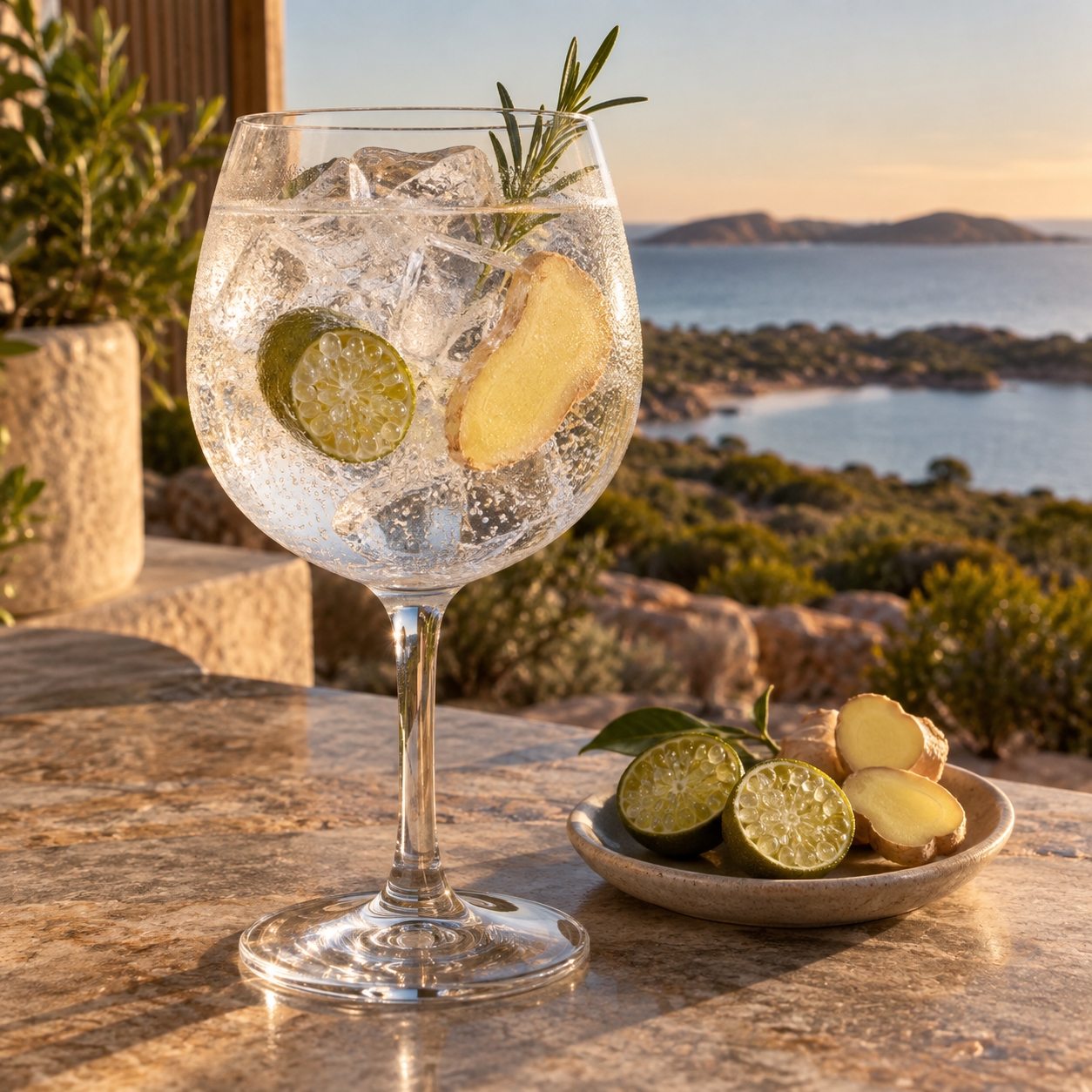 Black Cockatoo Desert Lime Gin served with Fever-Tree Mediterranean Tonic Water, garnished with Desert lime half and Fresh ginger slice