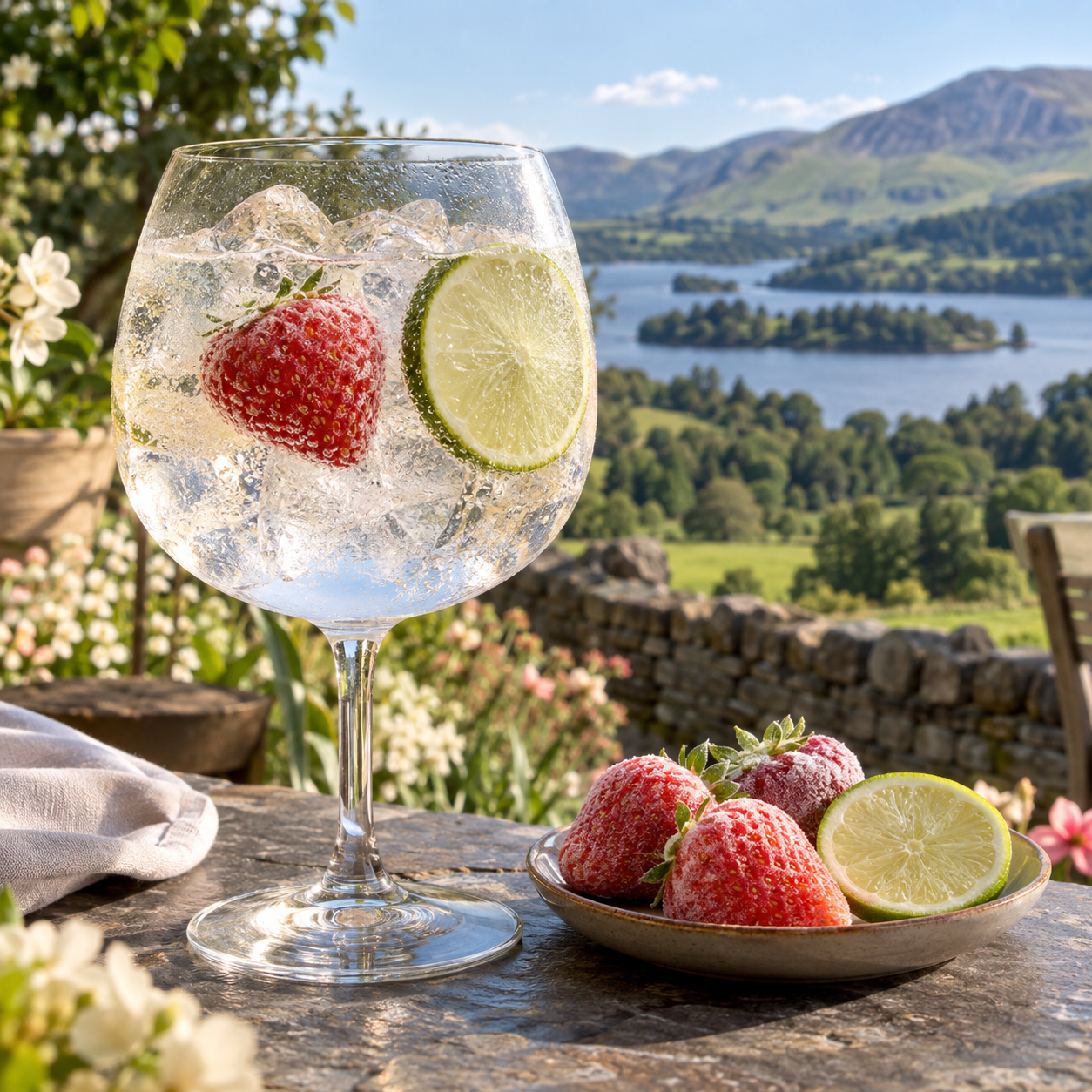 Fancy Frolic Gin served with Fever-Tree Naturally Light Tonic Water, garnished with Frozen strawberry and Lime wheel