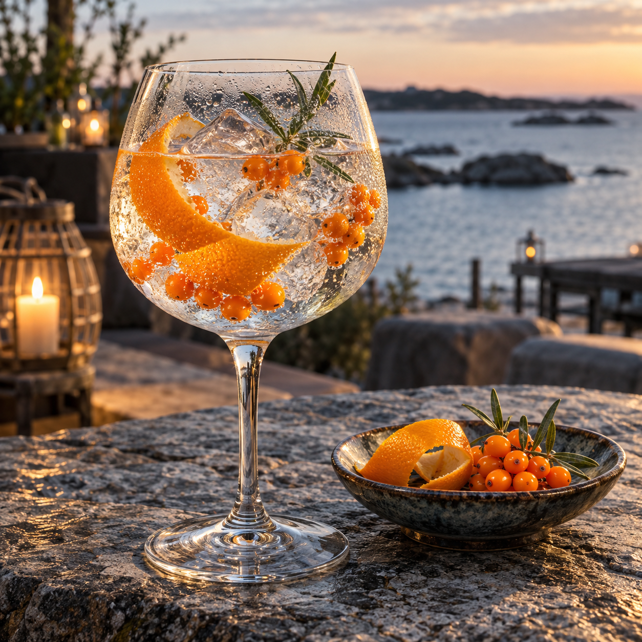 Gindome Mermaid Navy Gin served with Fever-Tree Naturally Light Tonic Water, garnished with Orange peel and Sea buckthorn berries