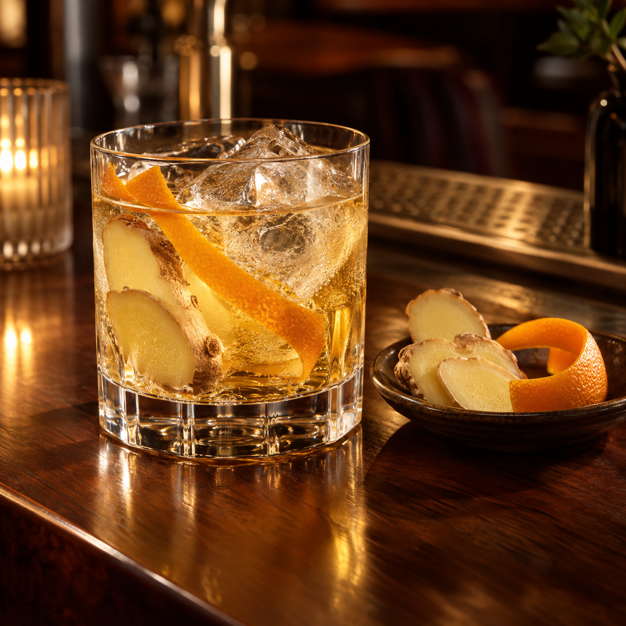 Henstone Rosé Gin served with Premium ginger ale, garnished with Fresh ginger slice and Orange peel