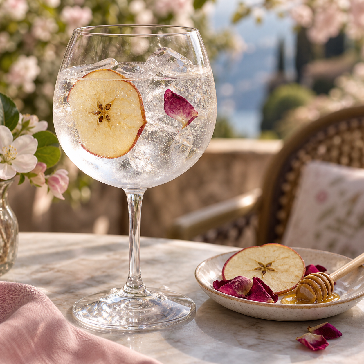 The Shropshire Distillery Apple & Honey Gin served with Fever-Tree Naturally Light Tonic Water, garnished with Dried apple wheel and Rose petals