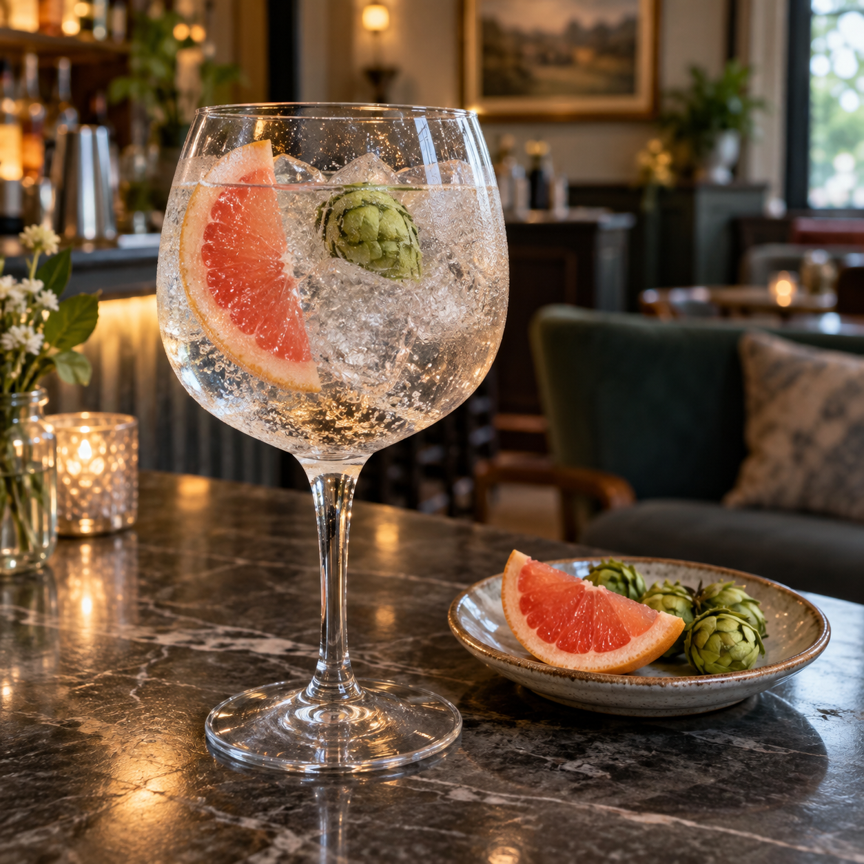 The Shropshire Distillery Grapefruit & Hop Gin served with Fever-Tree Indian Tonic Water, garnished with Pink grapefruit wedge and Cascade hop cone