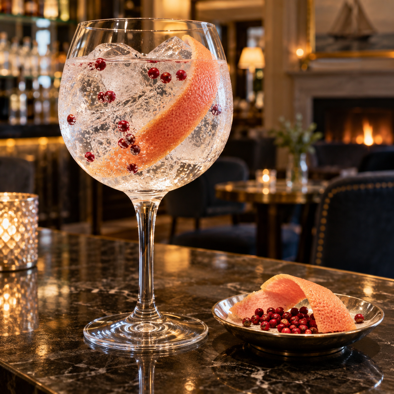 Southwick's American Gin served with Fever-Tree Indian Tonic Water, garnished with Pink grapefruit peel and Pink peppercorns