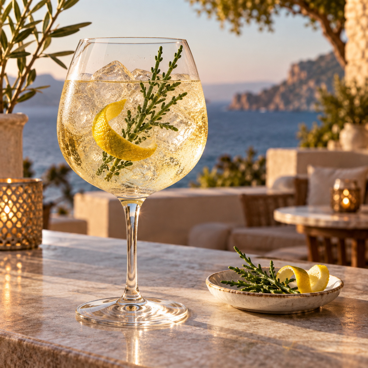 Grace Gin Bergamot Icon served with Fever-Tree Naturally Light Tonic Water, garnished with Bergamot peel and Rock samphire
