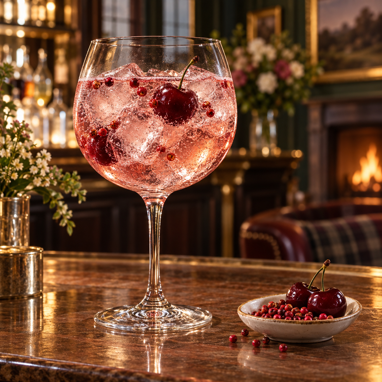 The Shropshire Distillery Cherry & Pink Peppercorn Gin servi avec Fever-Tree Indian Tonic Water, agrémenté de Mixed red berries