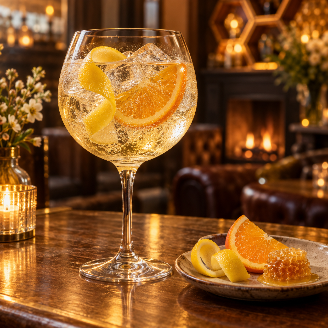 Three Bees Honey Infused Gin served with Fever-Tree Naturally Light Tonic Water, garnished with Lemon peel and Orange slice