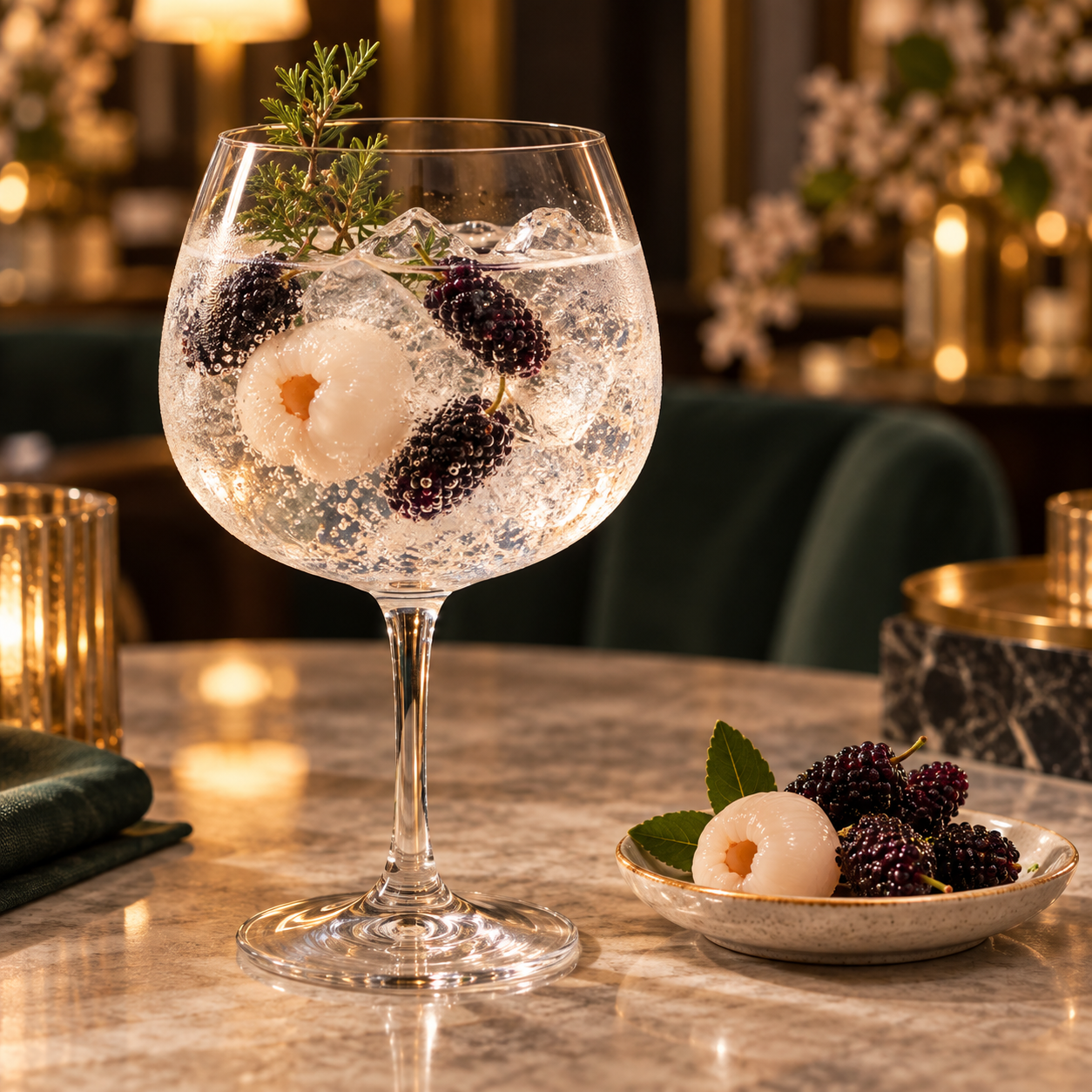 TERAI India Craft Gin - Fresh Litchis & Mulberries served with Fever-Tree Naturally Light Tonic Water, garnished with Fresh litchi and Mulberries