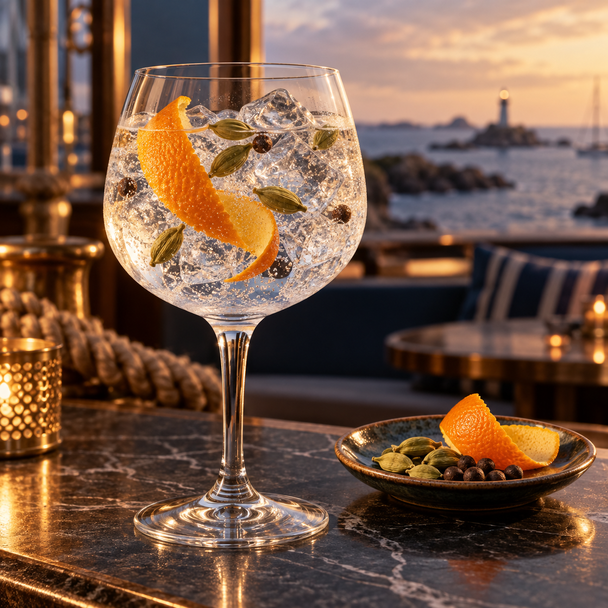 Southwick's Navy Strength Gin served with Fever-Tree Indian Tonic Water, garnished with Orange peel and Green cardamom pods