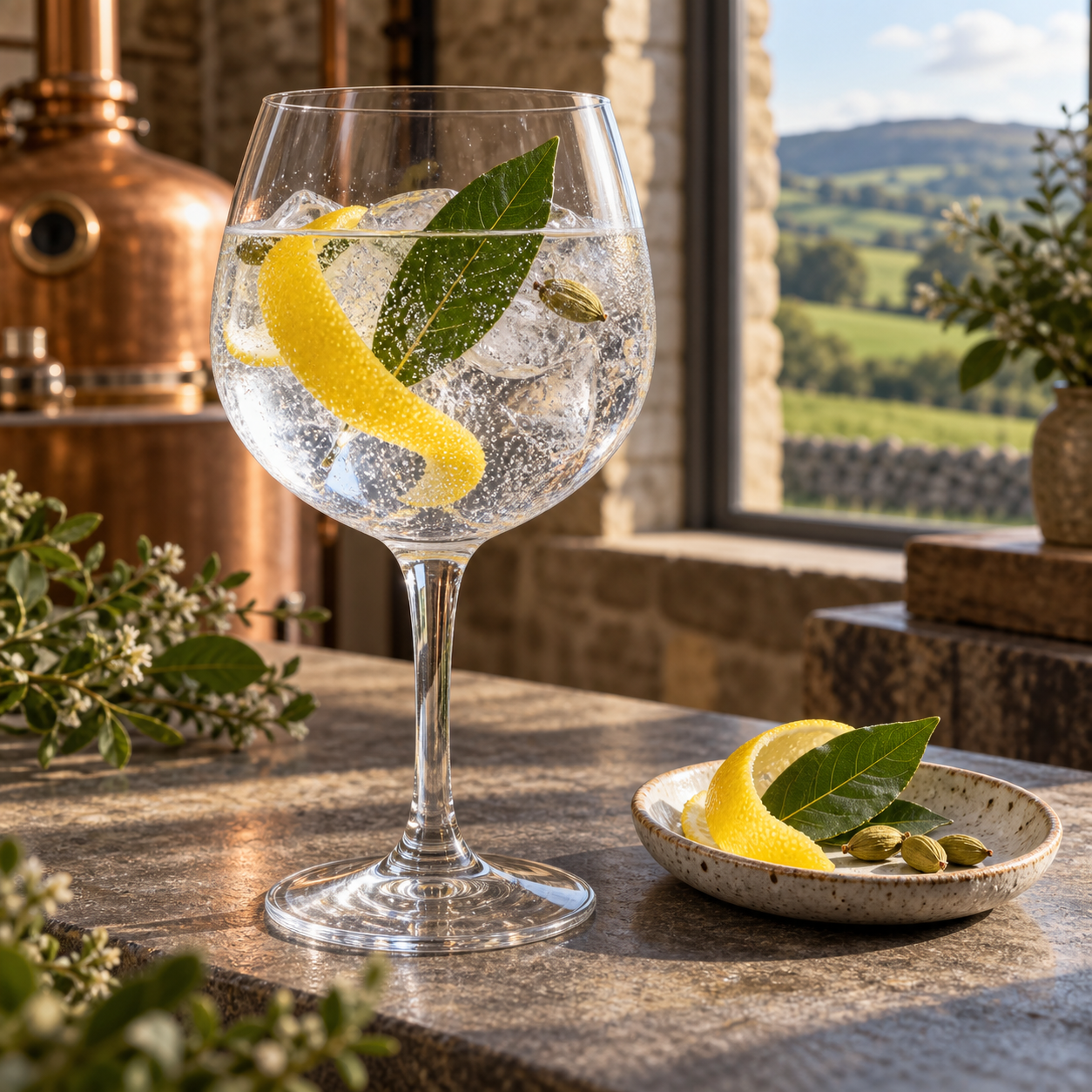 Dog and Spoon London Dry Gin servi avec Fever-Tree Indian Tonic Water, agrémenté de Lemon peel et Rosemary sprig