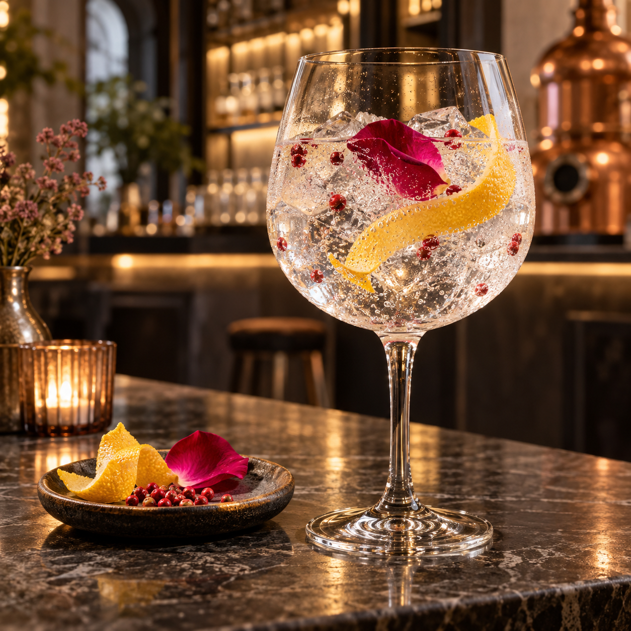 Flying Emu Gin - Worldwide served with Fever-Tree Mediterranean Tonic Water, garnished with Yuzu peel and Rose petals