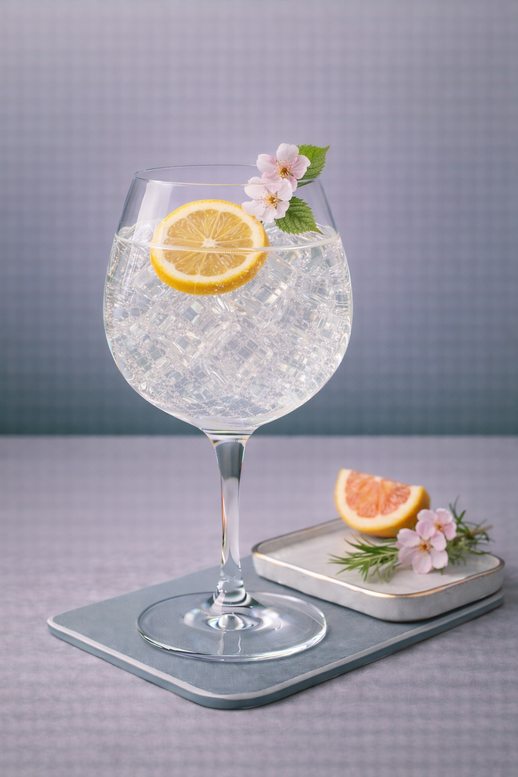 Ukiyo Japanese Tokyo Dry Gin servi avec Thomas Henry Tonic Water, agrémenté de Yuzu wheel et Fresh sakura leaf or edible cherry blossom