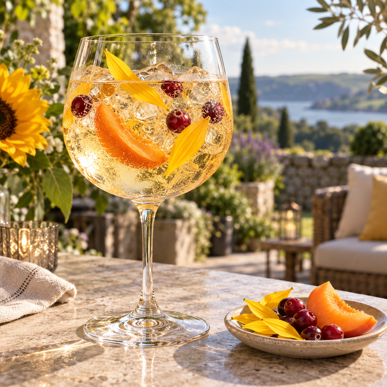 GWYR Sunflower Gin - Blodau'r Haul servi avec Fever-Tree Indian Tonic Water, agrémenté de Apricot slice et Blueberries