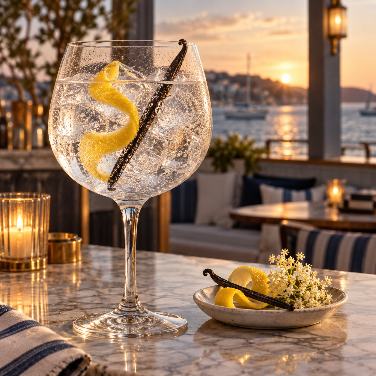 James Bay Navy Strength Gin served with Fever-Tree Indian Tonic Water, garnished with Lemon peel and Vanilla pod