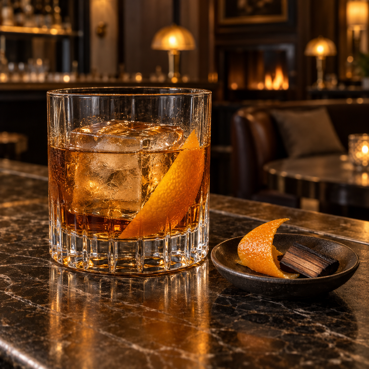 Dog and Spoon Oak Aged Gin served, garnished with Orange peel