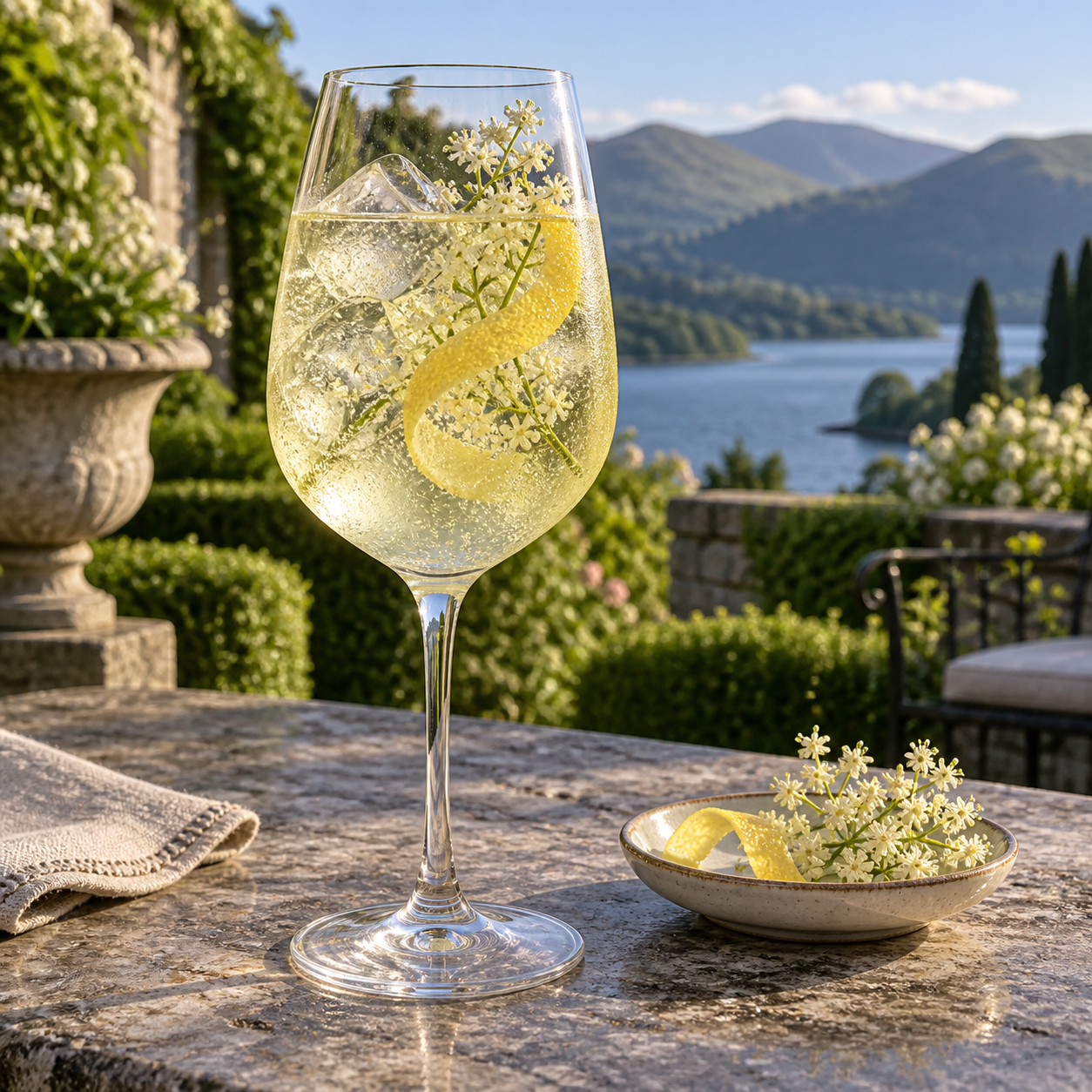 Pennington's Lakeland Moon Elderflower Gin served with Fever-Tree Elderflower Tonic Water, garnished with Lemon peel