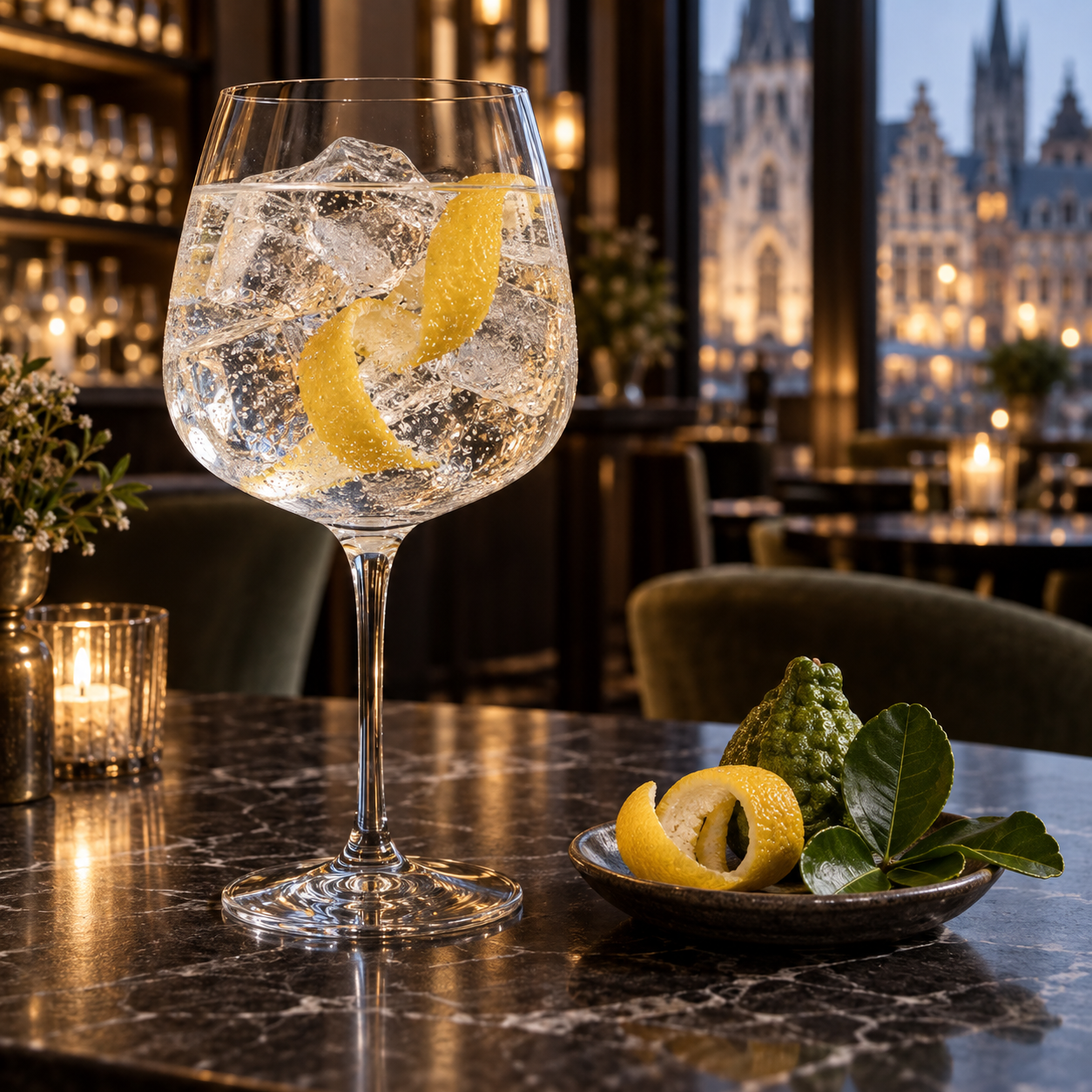 Santé Gin served with Fever-Tree Mediterranean Tonic Water, garnished with Lemon peel