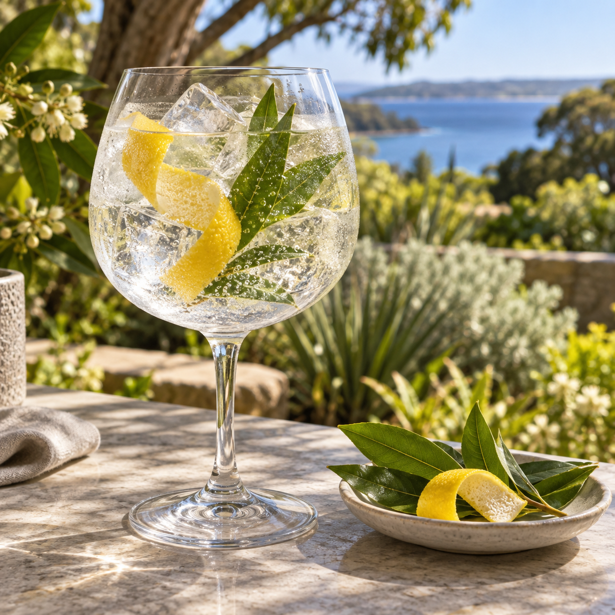 AmberChes Lemon Myrtle Gin served with Fever-Tree Naturally Light Tonic Water, garnished with Lemon peel and Lemon myrtle leaf