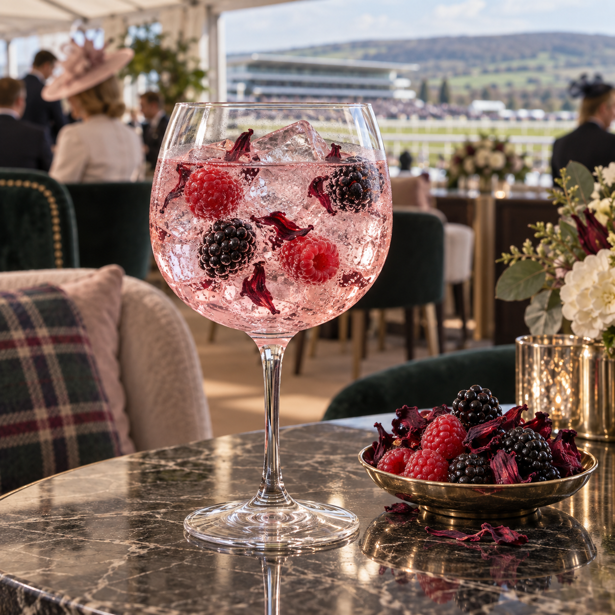 Steeplechase Best Mate Blush Gin served with Fever-Tree Naturally Light Tonic Water, garnished with Fresh raspberries and Redcurrants