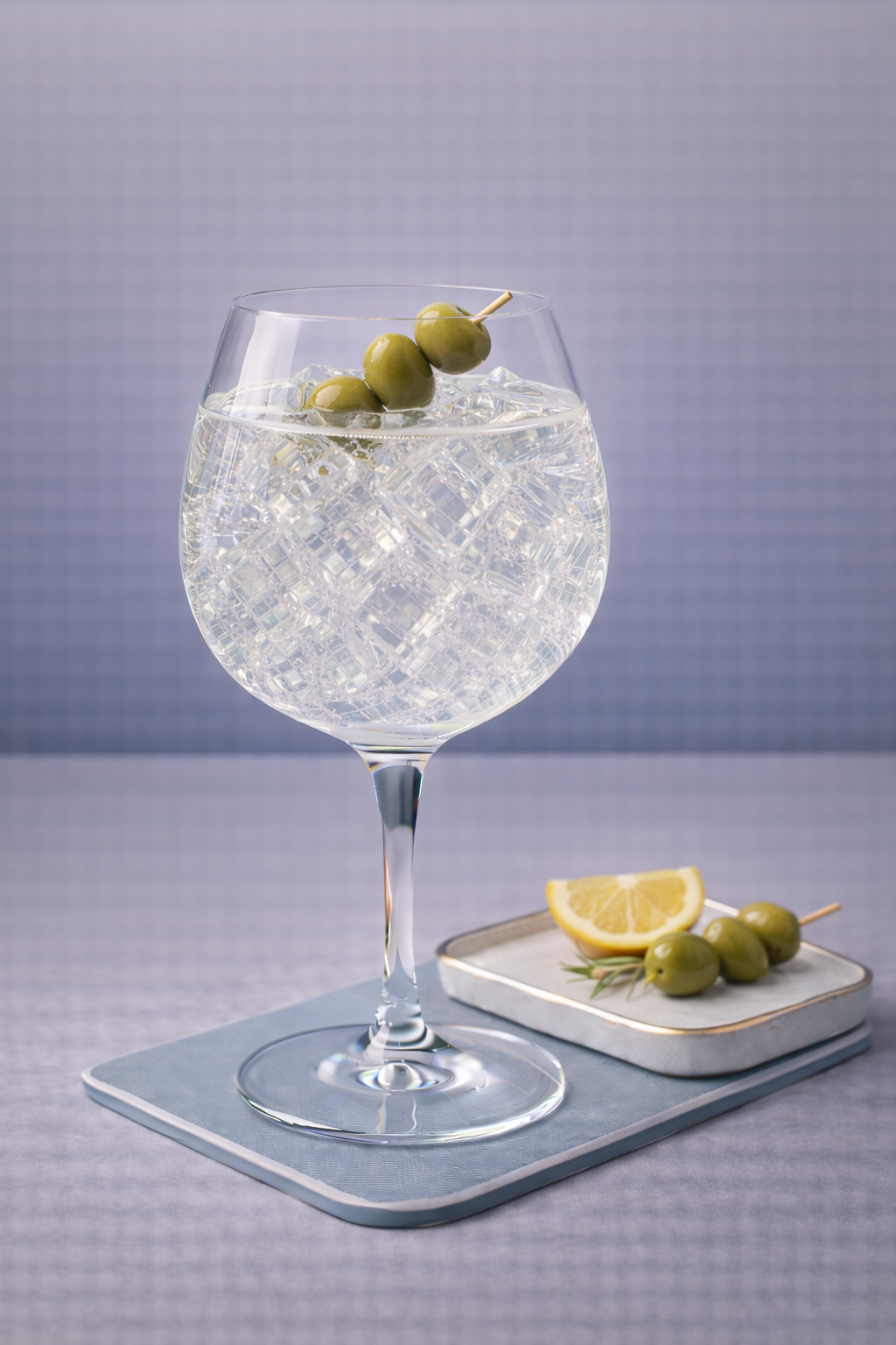 Votanikon Gin servi avec Fever-Tree Mediterranean Tonic Water, agrémenté de Greek green olives