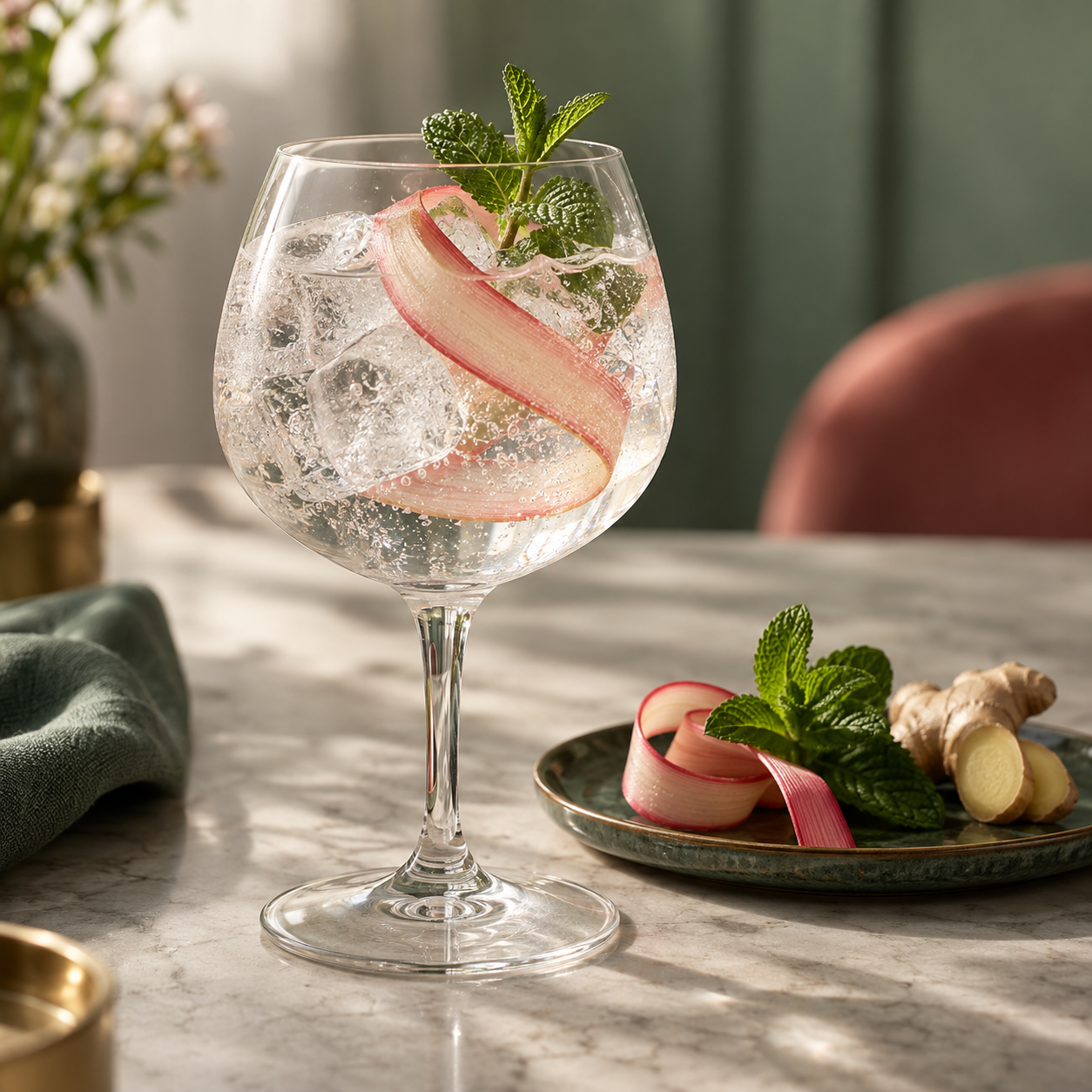 Gin In A Tin No 6 Rhubarb Cinnamon and Ginger served with Premium soda water, garnished with Rhubarb ribbon and Mint sprig