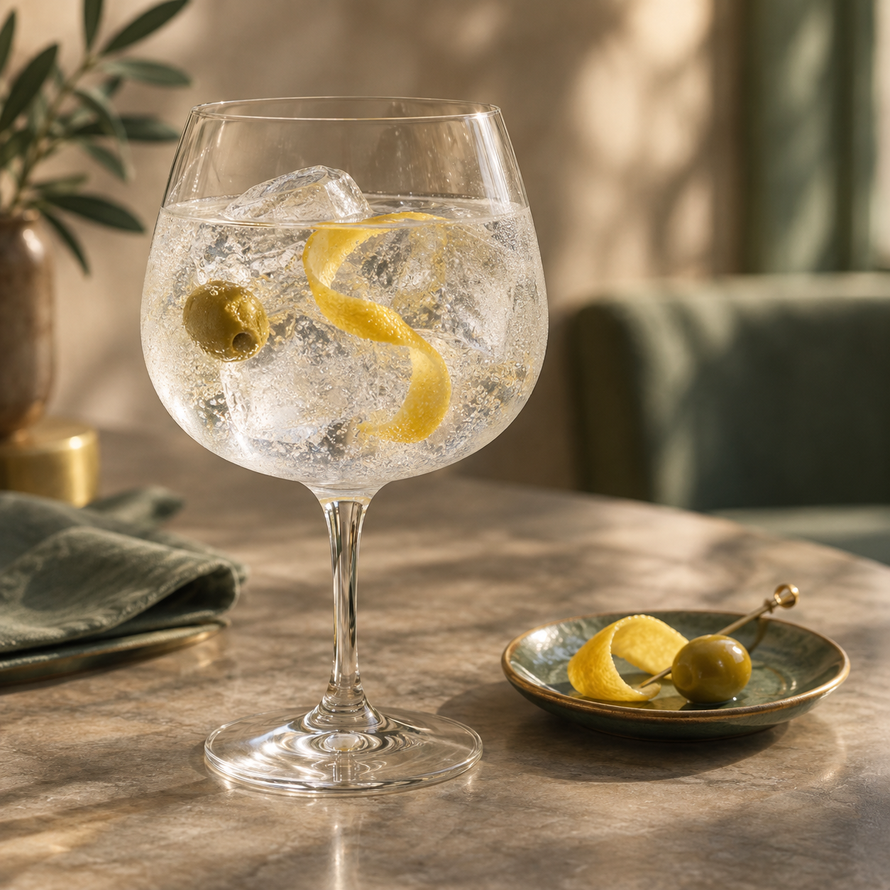 Gin Valle servi avec Fever-Tree Mediterranean Tonic Water, agrémenté de Lemon peel et Green olive